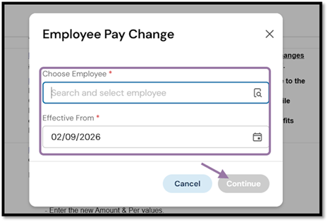 Use the Choose Employee field to select the employee, then set an effective date and click Continue.
