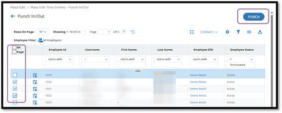 Select the employees you want to add punches for. You can choose them individually, select all employees on the page, or select all records. After selecting the employees, click Punch.
