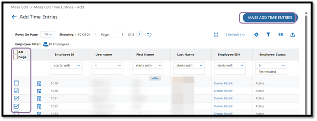 Select the employees you want to update. You can choose employees individually, select all employees on the page, or select all records. After selecting the employees, click Mass Add Time Entries