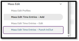 Navigate in the Menu to Setting>Mass Edit>Mass Edit Time Entries - Punch In/Out