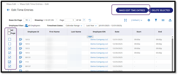 Select the employee time entries you want to update. You can choose them individually, select all entries on the page, or select all records. After selecting the entries, click Mass Add Time Entries