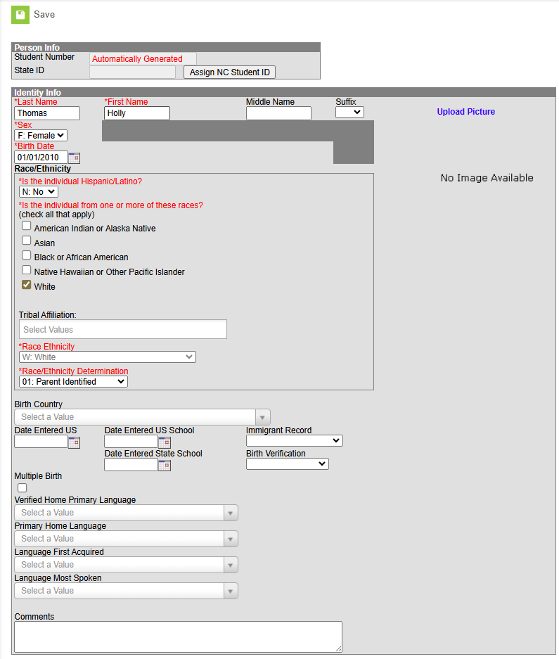 identity info to complete when creating a student