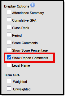 Screenshot of the report card display options highlighting Report Comments.