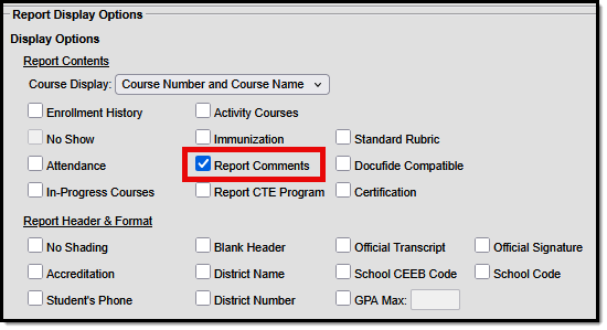 Screenshot of the transcript display options highlighting Report Comments.