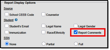Screenshot of the etranscript display options highlighting Report Comments.