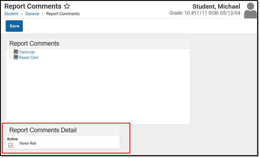 Screenshot of the report comments tool with the comment detail highlighted.