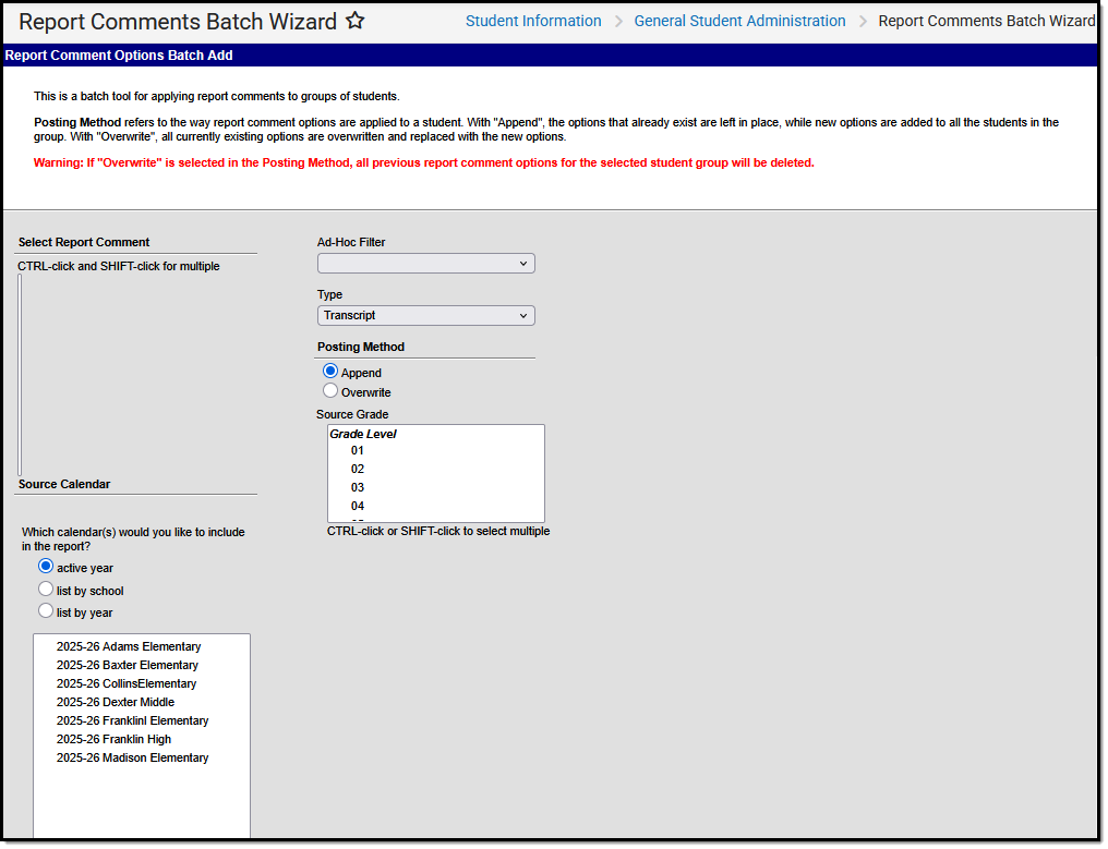Screenshot of the Report Comments Batch Wizard
