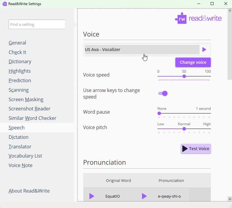 Read&Write for Work (Windows) Speech settings window