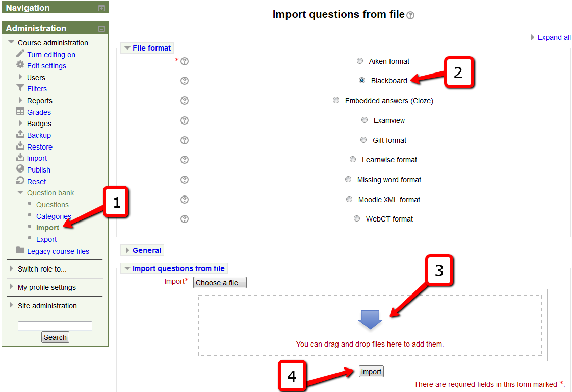 Import questions from file screenshot in Moodle LMS