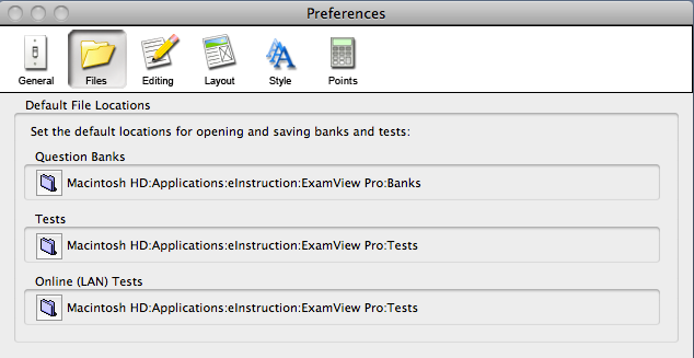 ExamView Preferences Files Tab Default File Locations screenshot image in Mac OS