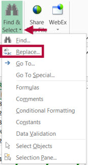 Identifies Find & Replace function in Excel.