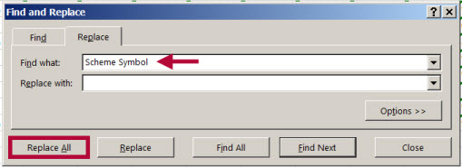 Indicates find and replace dialog box and Identifies Replace All button