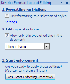 restrict formatting and editing task pane