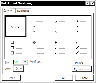 bullets and numbering dialog list