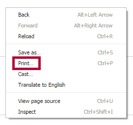 Identifies the Print option in Chrome menu.