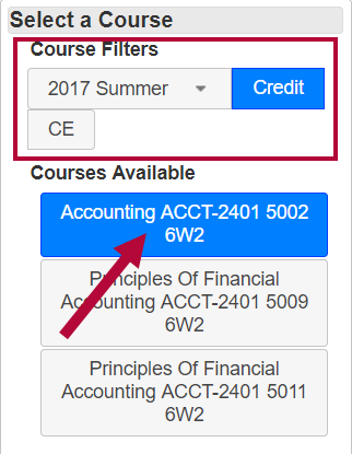 Identifies Course filter options and Indicates Courses Available.