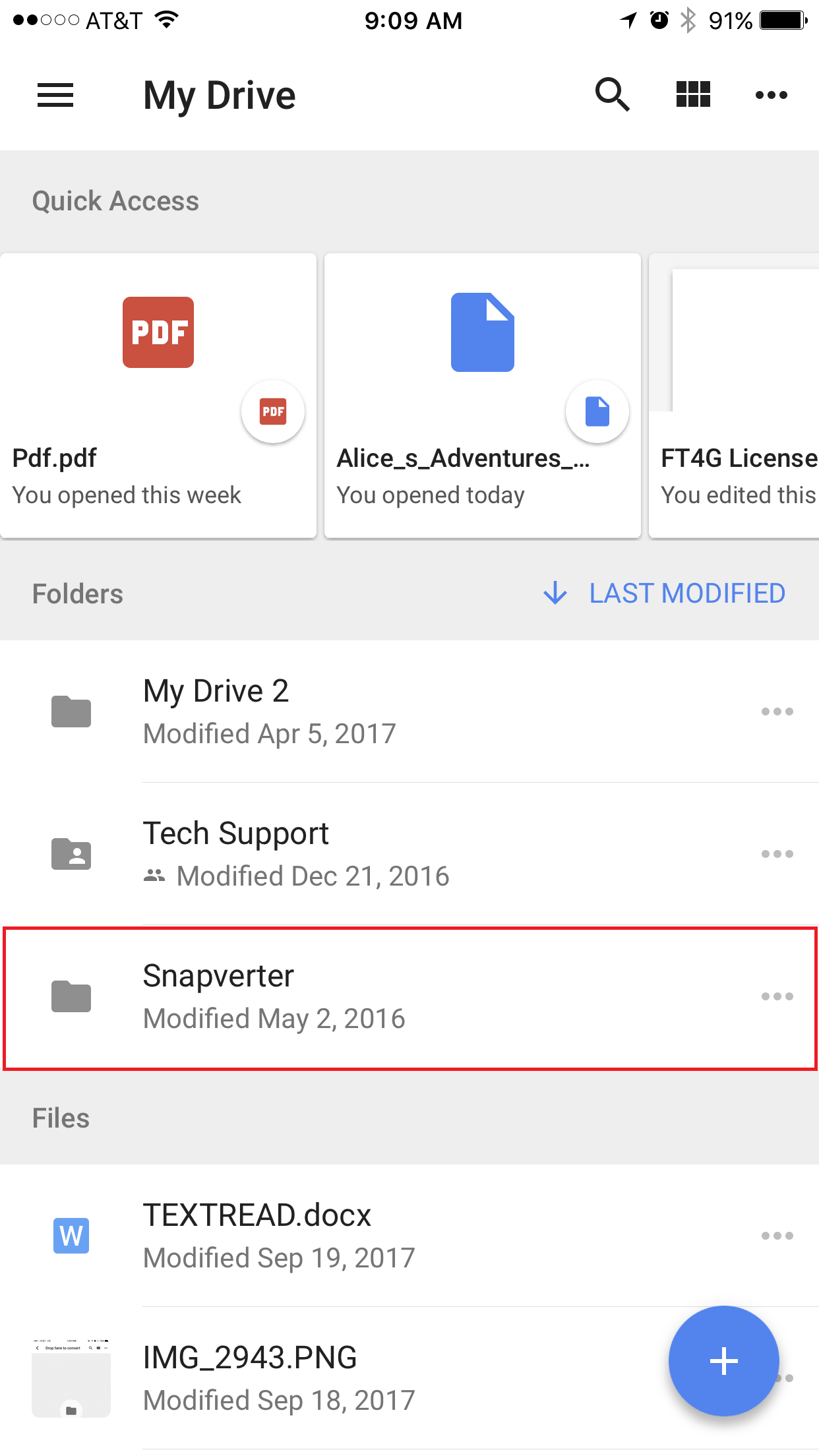 Snapverter folder within the drive app on phone