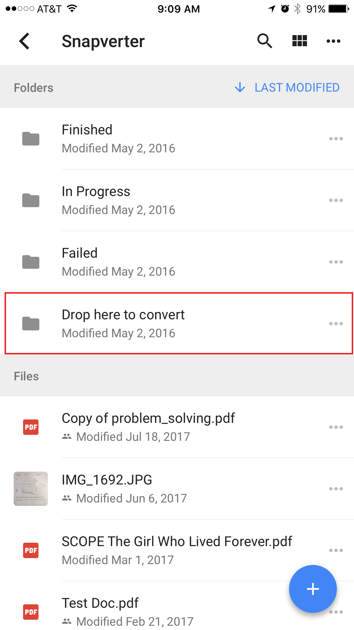 Drop here to convert folder within drive app on a phone
