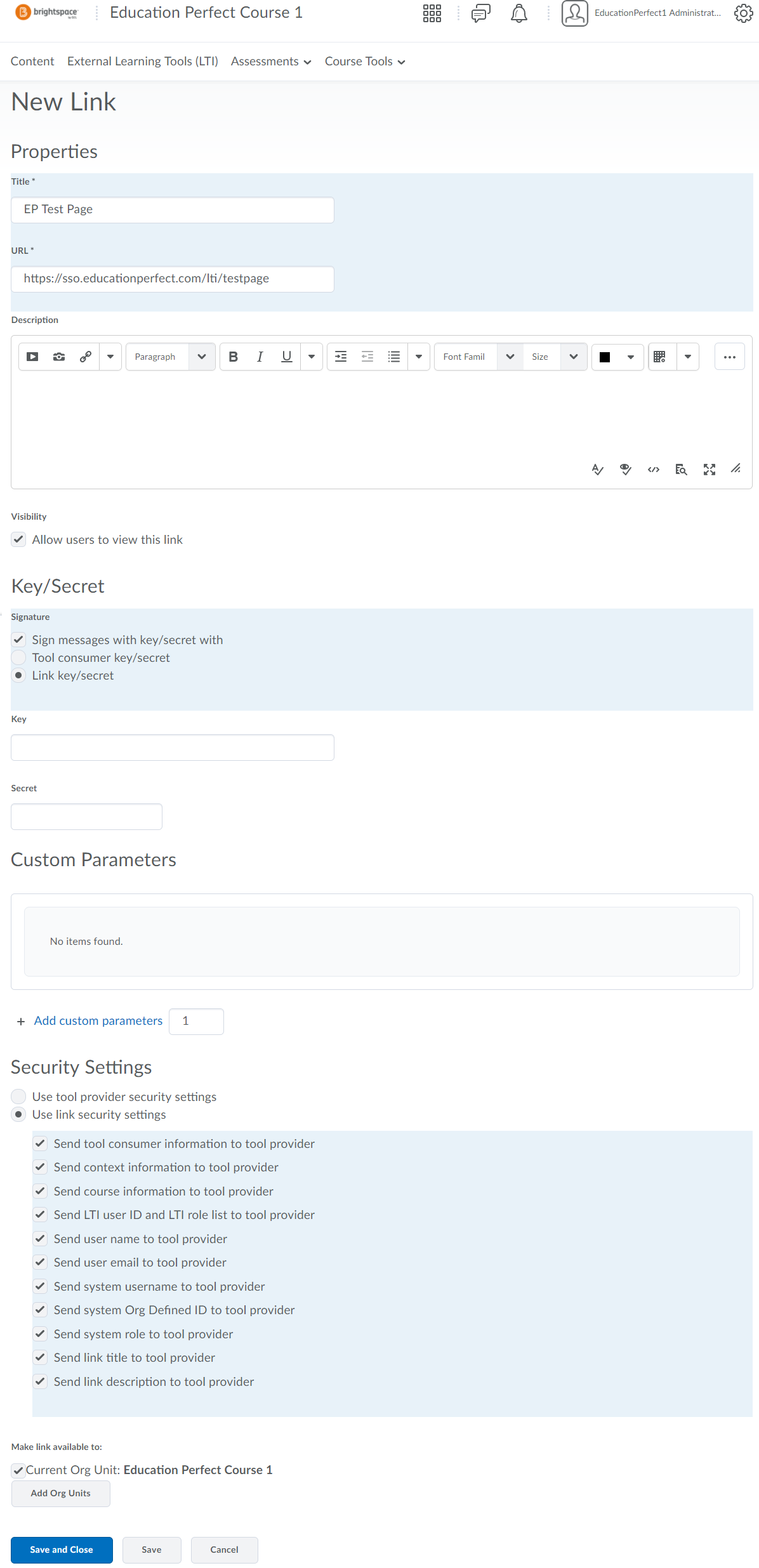 Brightspace integration set up page