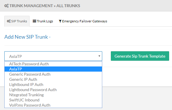 Screenshot of the Trunk Managment - Add New SIP Trunk drop-down list of SIP Trunk types.