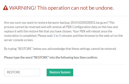 Screenshot of the backup restoration warning message.