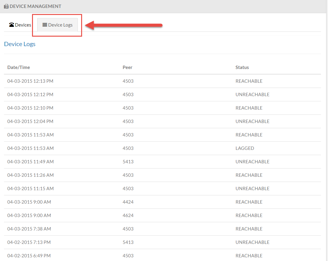 Screenshot of the Device Management > Device Logs Tab.