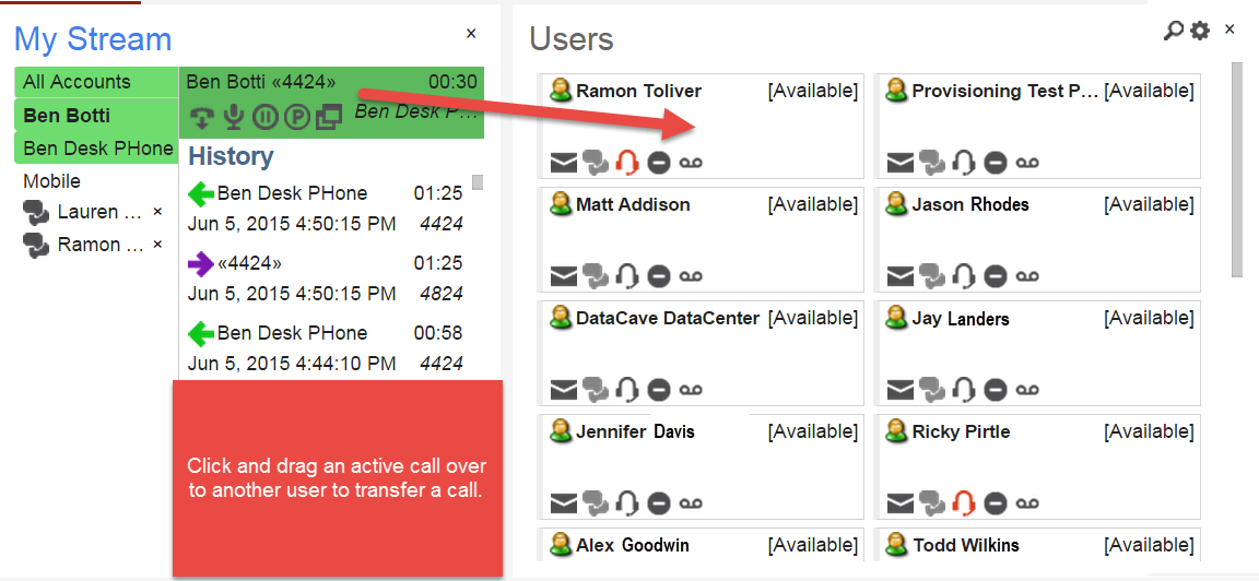 Screenshot illustrating dragging an active call from My Stream to another user to transfer the call.