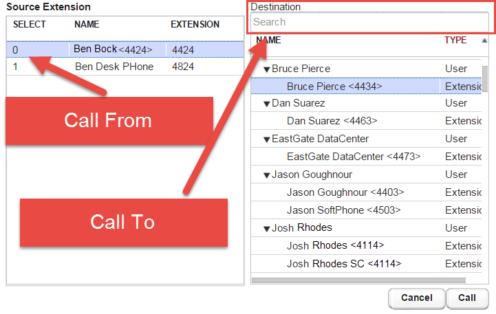 Screenshot indicating extensions for Call Button use.