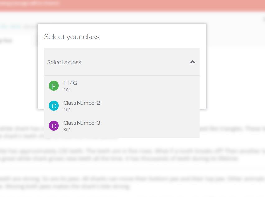Window with drop-down menu that allows you to select a Google Class