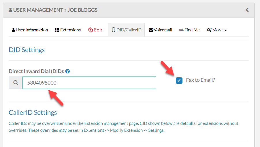 Screenshot illustrating how to enable Fax to Email.
