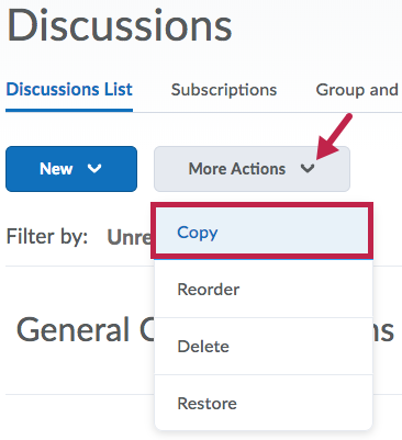 Copy option under the More Actions button on the Discussions page
