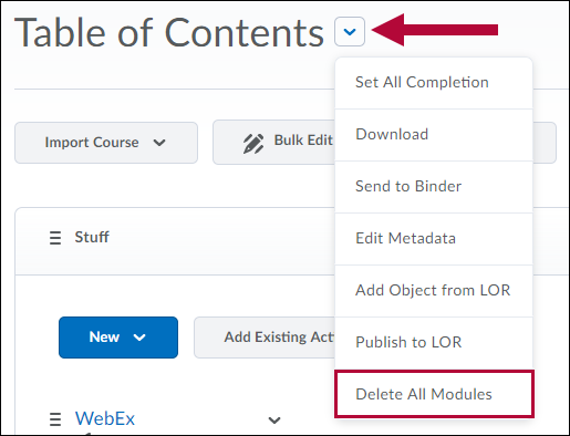 Indicates Table of Contents dropdown menu with 