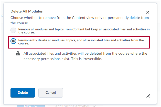 Identifies Delete All Modules menu with 
