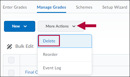 Indicates more actions button and identifies Delete on Manage Grades page.