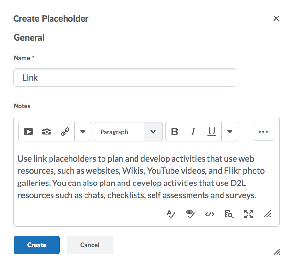 Shows Create Placeholder options in Course Builder