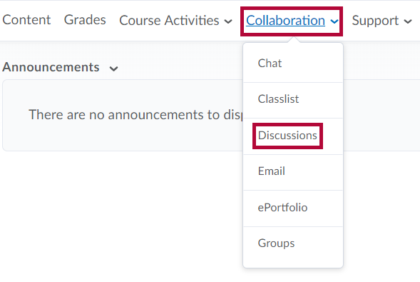 Identifies Collaboration menu and identifies Discussion selection