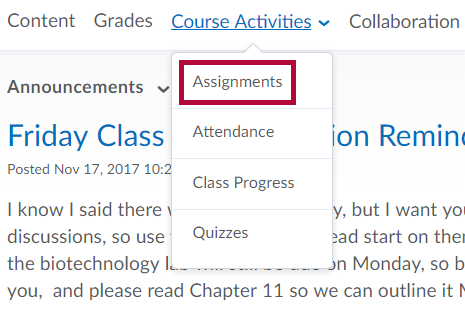 Identifies the Assignments option.