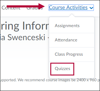 Course Activities menu dropdown with Quizzes selected.