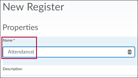 Shows New Register Properties page with Name field identified.