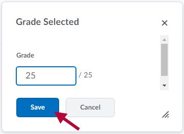 shows grade selected dialog box and indicates the Save button.