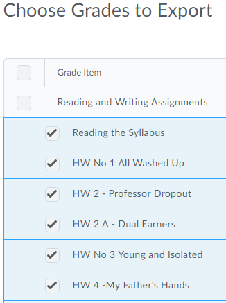 Shows where to choose grades to export.