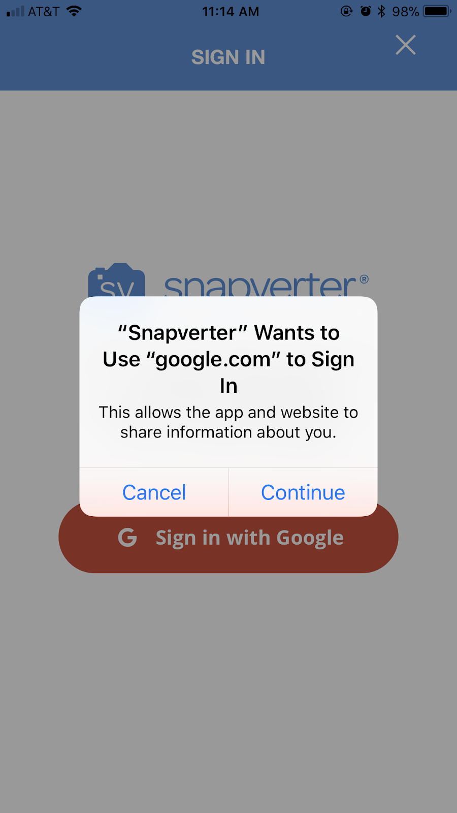 Snapverter wants to use google.com to sign in