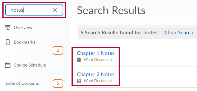 Identifies the Search field and Identifies two items in results.