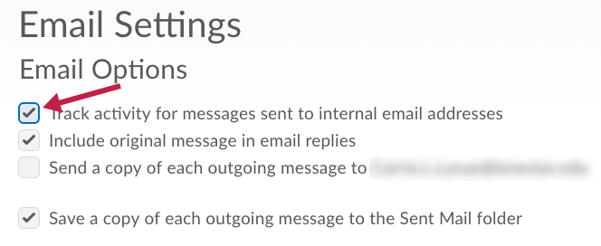 Indicates checkbox for Track activity for messages sent to internal email addresses. option