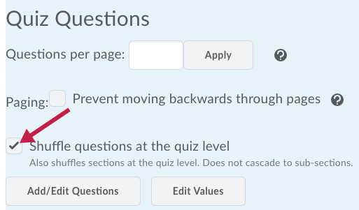 Indicates the Shuffle checkbox in Quiz Questions options.