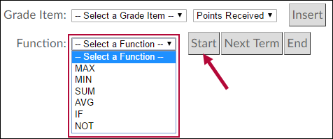 Shows the formula Function dropdown menu and indicates the Start button..