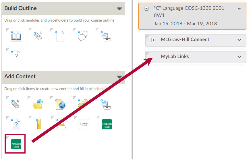 Shows dragging Pearson Links icon to new module