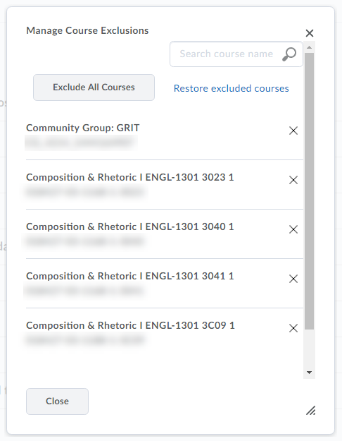 Shows courses to select for exclusion
