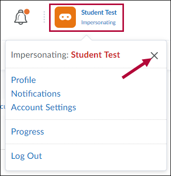 Identifies the Test Student role and indicates the X used to stop impersonating.