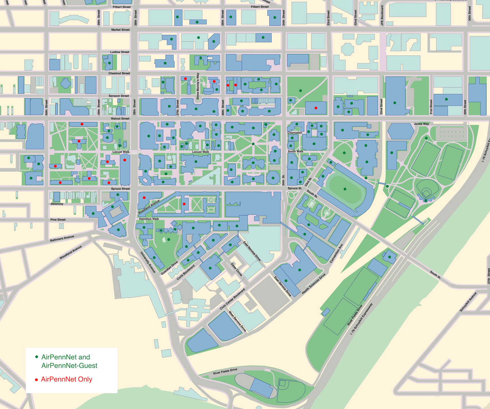 Map of Upenn Campus with AirPennNet and AirPennNet Guest access as green dots, AirPennNet Only access red dots.